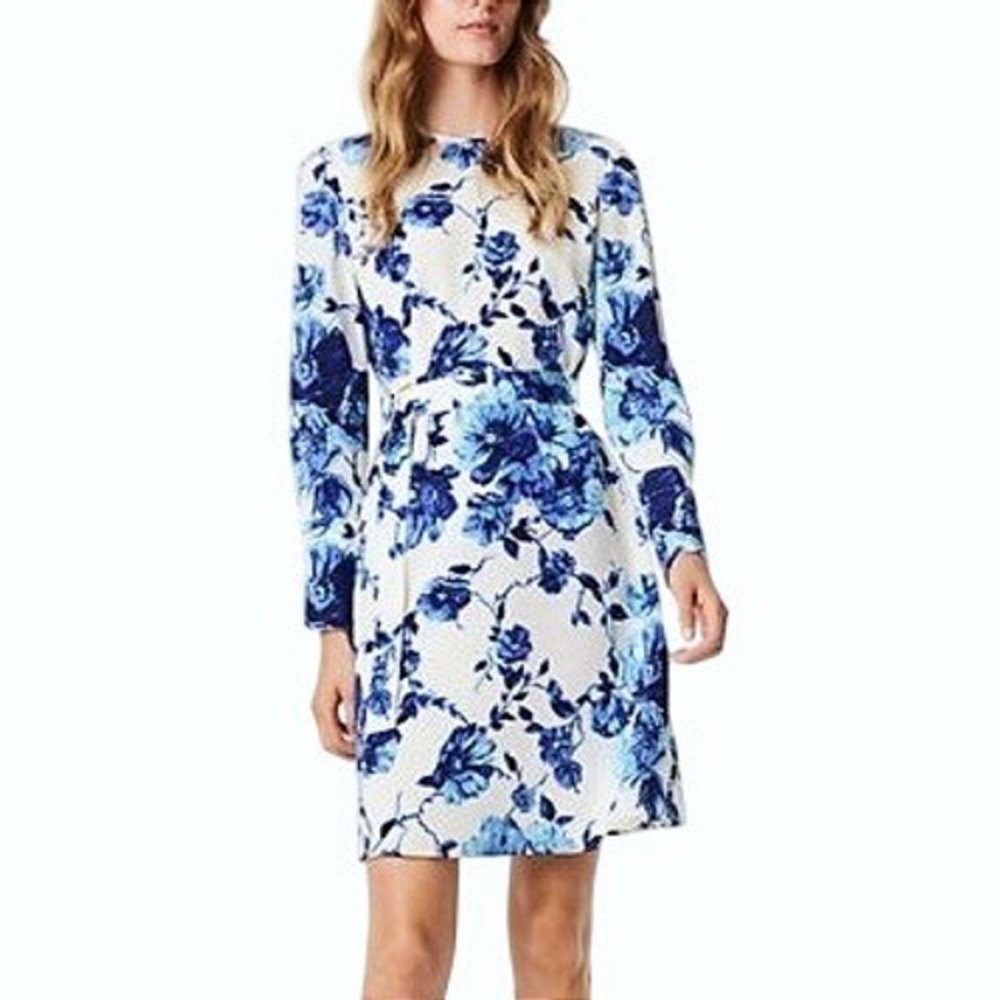 Tory Burch GIOVANNA Blue Floral 100% Silk Designer Belted Shift Midi Dress 8